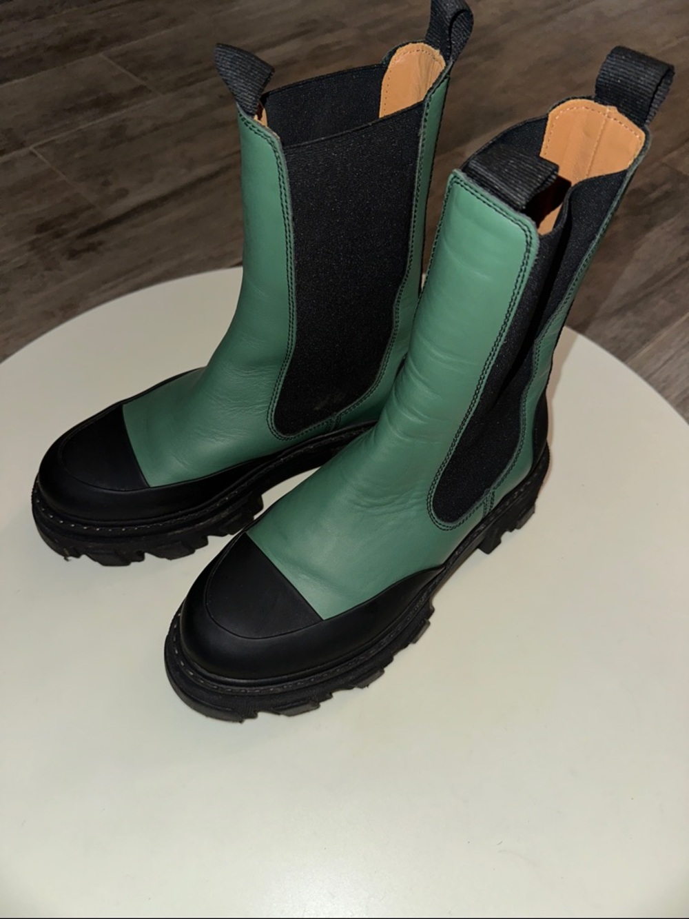 GANNI Made In Portugal Cleated Mid Cut Chelsea Boots- Myrtle Green- 38